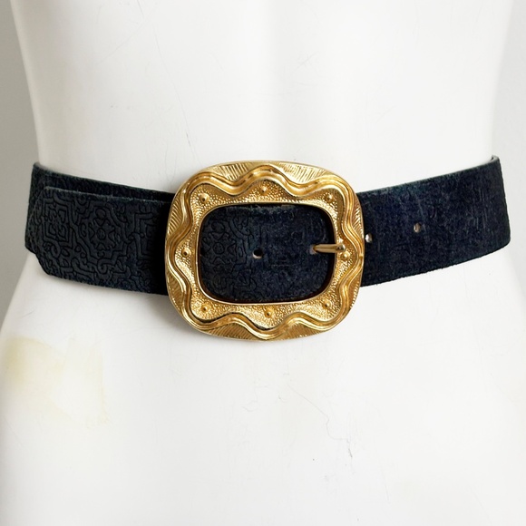 Cipriani Wide Leather Belt Textured Leather Gold Abstract Buckle Retro 90s Sz M main image 10